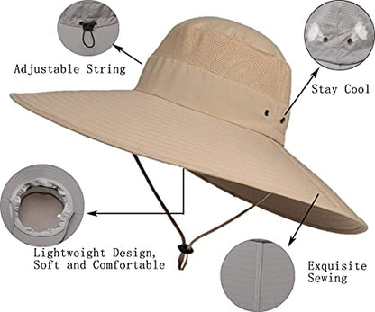 Leotruny Super Wide Brim Bucket Hat UPF50+ Waterproof Sun Hat for Fishing - color: Khaki