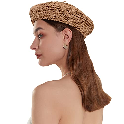 Straw Beret Summer French Beret Hats for Women Artist Crochet Beret - color: Khaki