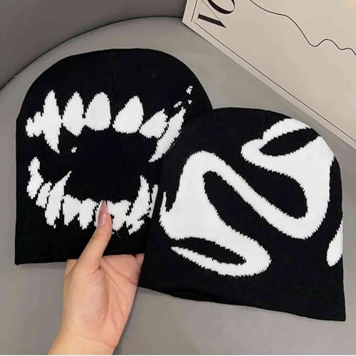 Black Graphic Beanie for Men Women, Streetwear y2k Knitted Hat, Slouchy Goth Skull Cap (2 pcs)