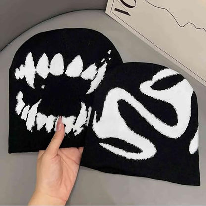Black Graphic Beanie for Men Women, Streetwear y2k Knitted Hat, Slouchy Goth Skull Cap (2 pcs)