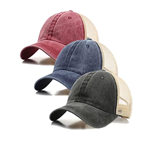 3 Pack Mesh Baseball Cap for Men & Women, Vintage Washed Cotton Distressed Trucker Hat with Mesh Back, Low Profile Unstructured Dad Cap