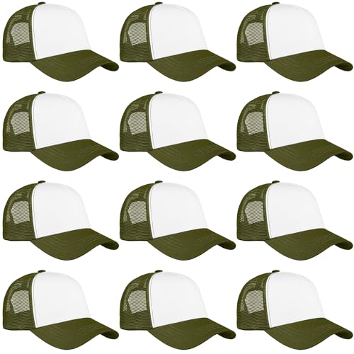 Falari 12 Pack Bulk Wholesale Mesh Trucker Hats 5 Panel and 6 Panel Baseball Caps for Men and Women - color: 5 Panel - Army Green