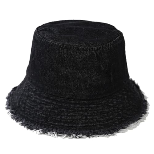 Quanhaigou Frayed Unisex Sun Hats, Fashion Beach Bucket Hat for Men Women,Summer Outdoor Boy's Girls Boonie Cap - color: Denim Black