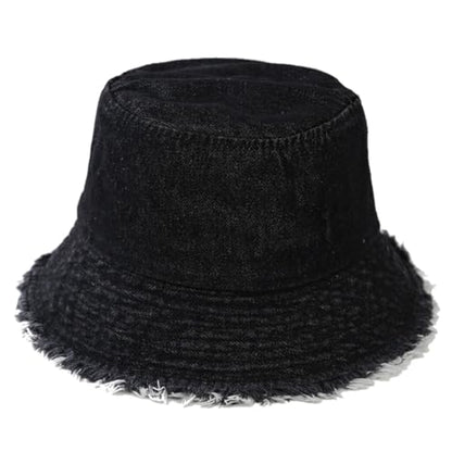 Quanhaigou Frayed Unisex Sun Hats, Fashion Beach Bucket Hat for Men Women,Summer Outdoor Boy's Girls Boonie Cap - color: Denim Black