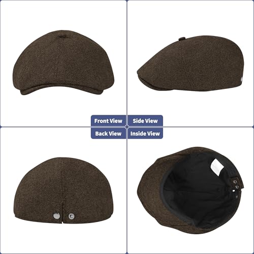 Men's Wool Blend Newsboy Cap Adjustable Gatsby Ivy Newsies Cabbie Hat Classic 8 Panel Tweed Flat Winter Hat - color: Plaid Coffee_1, size: Medium