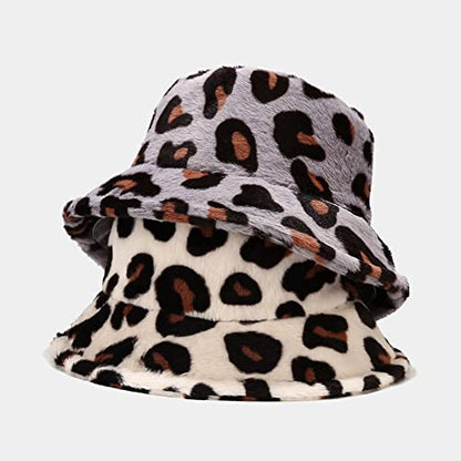 Dirholl Women's Winter Faux Fur Fuzzy Warm Bucket Hat - color: Big Leopard Gray