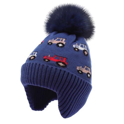 Kids Winter Hat with Ear Flaps, Toddler Boys Girls Fleece Lined Knit Beanie Colorful Pattern Pom Pom Ski Cap for 2-10Y - color: Royal Blue,car(fleece Lined ), size: 5-10 Years