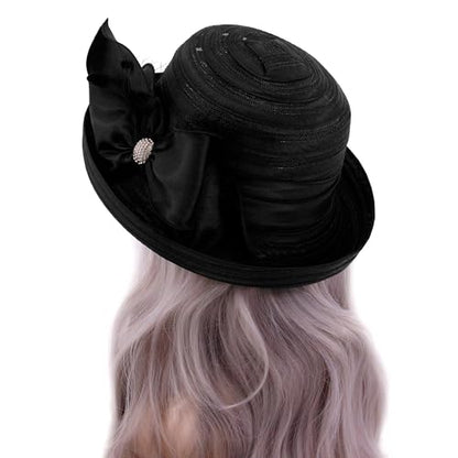Haoohu Women's Church Derby Hat Wide Brim Bow Bucket Hat Wedding Dress Hat Fascinator Bridal Tea Party Hat - color: Rb Black
