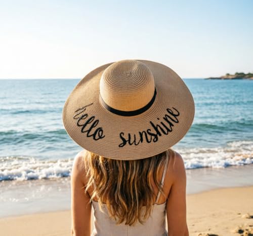 DRESHOW Big Straw Sun Hats for Women Floppy Foldable Roll up Beach Cap Sun Hat UPF 50+ Vacation Honeymoon Embroidered Hat - color: Ae Hello Sunshine: Khaki