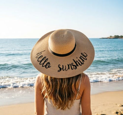 DRESHOW Big Straw Sun Hats for Women Floppy Foldable Roll up Beach Cap Sun Hat UPF 50+ Vacation Honeymoon Embroidered Hat - color: Ae Hello Sunshine: Khaki