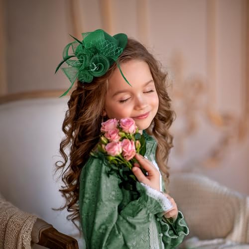 Zinniday Girls Mini Fascinators Hats - Dark Green Kentucky 2026 Hat with Hair Clip Veil Feather Small Elegant Church Victoria Derby Fascinator for Women Little Girl Porm Masquerade Dress Up - color: Dark Green