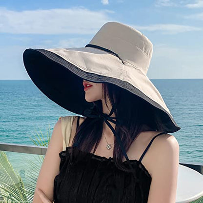 HUAMULAN Women Summer Vacation Wide Brim Sun Hat Reversible Fishing Hats - color: Blackbeige