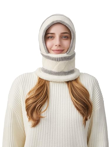 HUAMULAN Women Winter Knit Beanie Hats One Piece Fleece Lined Balaclavas - color: Cream White + Gray Stripe