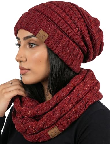 Funky Junque Slouchy Beanie & Infinity Scarf Gift Set – Matching Winter Accessories Sets for Women, Oversized Hat and Scarves - color: Burgundy (Confetti)