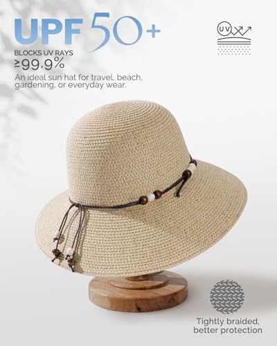 Womens Straw Beach Sun Hat, UV Protection UPF 50+, Lightweight Straw Bucket Hat, Summer Travel - color: Mix Beige, size: Large