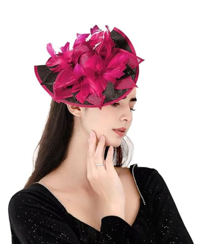 ORIDOOR Women Fascinators Derby Church Tea Party Wedding Flower Feathers Headpiece with Headband Clips - color: 02-rose Black