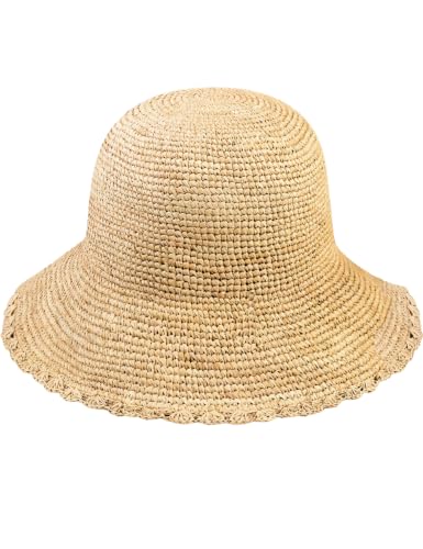 Women's Raffia Straw Bucket Hat Natural Raffia Beach Hat Handmade Woven Foldable Sun Hats Summer Travel Cap - color: Natural-scalloped