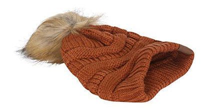 Gravity Threads Cable Knit Faux Fur Pom Pom Beanie Hat - color: Rust