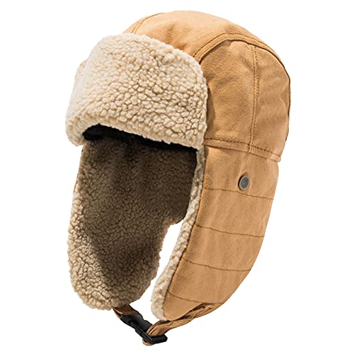 Unisex Winter Hats with Ear Flaps Cotton Trapper Hat Aviator Windproof Ski Cap Buckle Closure Ushanka Outdoor - color: Khaki