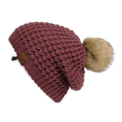 C.C Hatsandscarf Exclusives Unisex Solid Ribbed Beanie with Pom (HAT-43) - color: A Waffle Stitch Pattern-coco Berry
