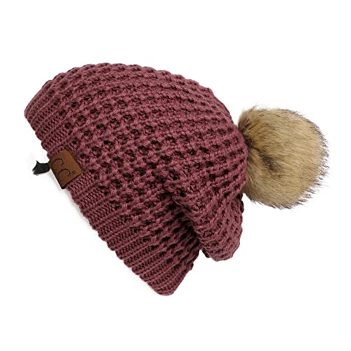 C.C Hatsandscarf Exclusives Unisex Solid Ribbed Beanie with Pom (HAT-43) - color: A Waffle Stitch Pattern-coco Berry