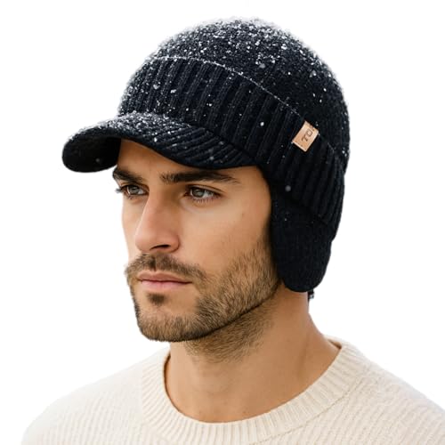 TOP-EX DryKnit™ 80% Merino Wool Waterproof Warm Brim Beanie with Ear Flaps - color: Black (Waterproof), size: Medium-Large