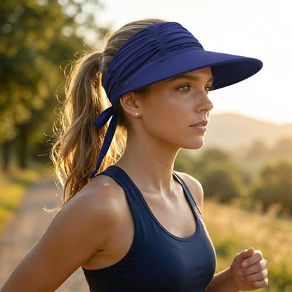 KXF Sun Visors Hat for Women Wide Brim Beach Hat Foldable Visor Hat Cap Ponytail Summer Packable UPF 50+ Adjustable Stretchy - color: Navy