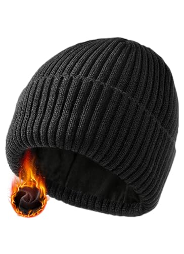 Winter Hats & Black Beanies for Men Women， No-Logo and Fleece-Lined - color: Black