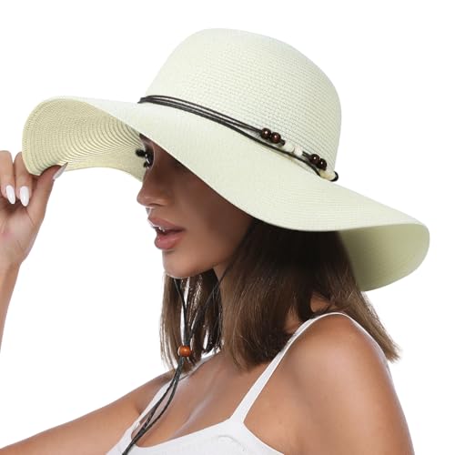 Womens Floppy Straw Sun Hat Wide Brim UPF 50 Sun Protection Packable Summer Beach Hats with Wind Lanyard - color: Ivory, size: Medium