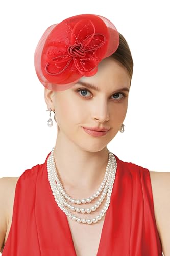 BABEYOND Fascinators Hats for Women Tulle Pillbox Knot Bead Tea Party Hat - color: Red