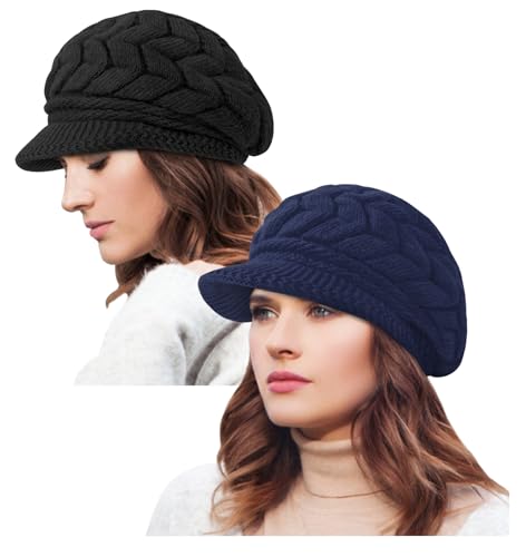 YSense 2 Pack Womens Winter Hats Warm Knit Beanie with Visor - color: Dark Blue Black