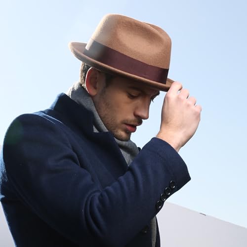 Home Prefer Men's Wool Felt Winter Hat Short Brim Fedora Hat with Feather - color: Brown