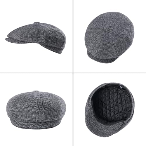 FEINION Men 8 Panel Herringbone Wool Newsboy Cap - color: Herringbone Grey, size: 7 1/4