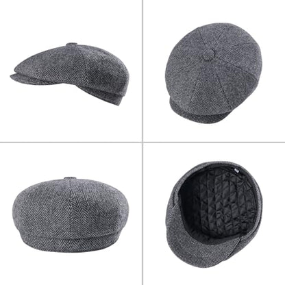 FEINION Men 8 Panel Herringbone Wool Newsboy Cap - color: Herringbone Grey, size: 7 1/4