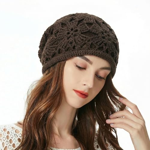 ZLYC Women Cotton Crochet Slouchy Beanie Hat Handmade Knit Summer Skull Cap - color: Crochet Brown