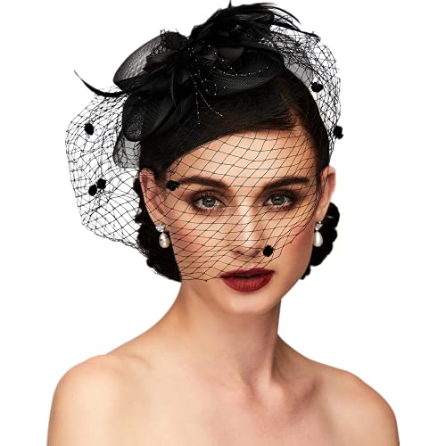Tea Party Hat Fascinators Hats for Women Vintage Lace Mesh Floral Feather Hair Clip Headband with Veil for Church Wedding - color: Black