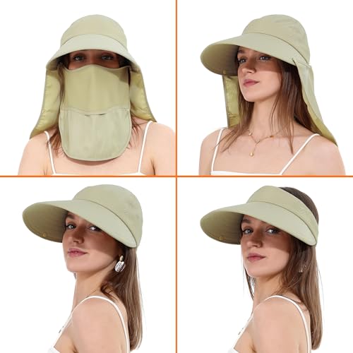LA CARRIE Women Sun Hats Detachable Wide Brim UV UPF 50+ Face Mask Visor with Neck Flap Hat for Summer Beach - color: Khaki
