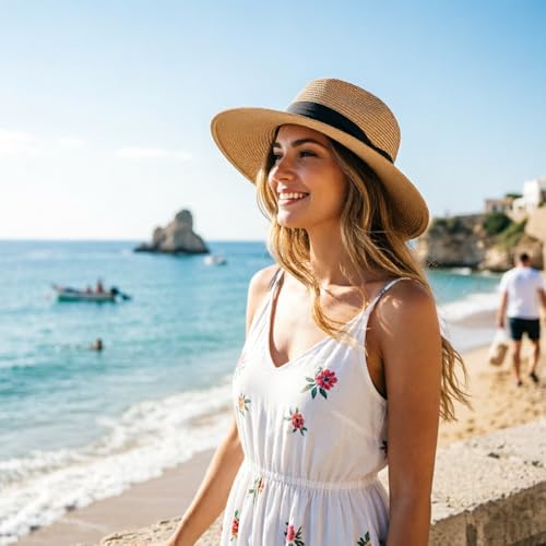 DRESHOW Women Straw Panama Hat Travel Fedora Beach Sun Hat Summer Wide Brim Straw Roll up Hats UPF 50+ - color: Fedora Khaki