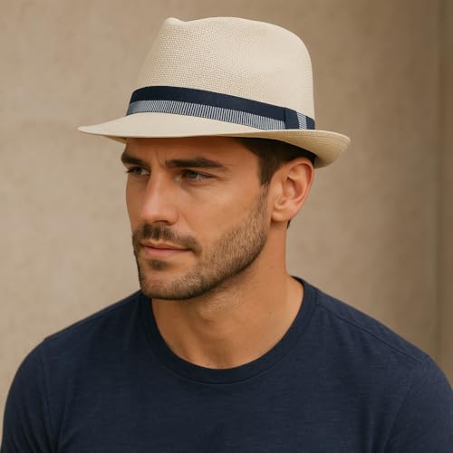 LIDHAY Short Brim Panama Hat Straw Fedora Hats for Men Women Summer Derby Trilby Hats Beach Sun Hat - color: Beige