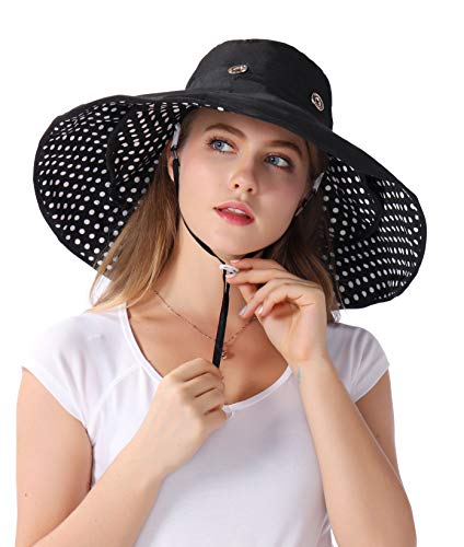 iHomey Packable Shapeable Extra Large Brim Floppy Sun Hat Reversible UPF 50+ Beach Sun Bucket Hat - color: Black-dot