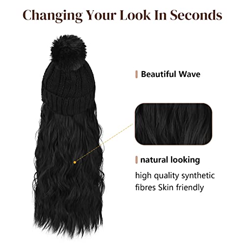 Flufymooz Beanie Wig, Hat Hair Extension Long Wavy Curly Black Hat Wig with Faux Fur Pom, Attached 20 Inch Synthetic Hairpiece for Women Girls Winter (Natural Black) - color: Black Hat-natural Black, size: 20 Inch