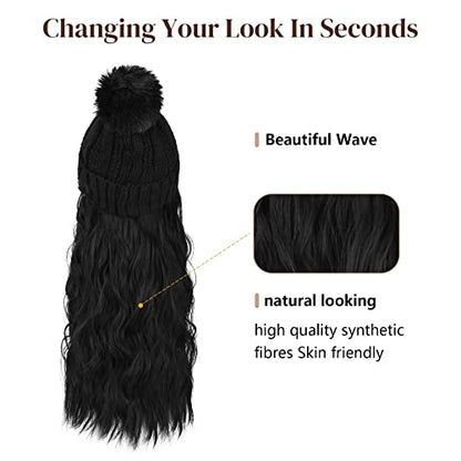 Flufymooz Beanie Wig, Hat Hair Extension Long Wavy Curly Black Hat Wig with Faux Fur Pom, Attached 20 Inch Synthetic Hairpiece for Women Girls Winter (Natural Black) - color: Black Hat-natural Black, size: 20 Inch