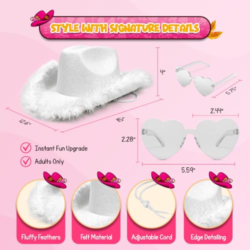 4E's Novelty Cowboy Hat with feathers With Heart Shaped Sunglasses for Women, Felt Cowgirl Hat for Party Costume Dress Up - color: White