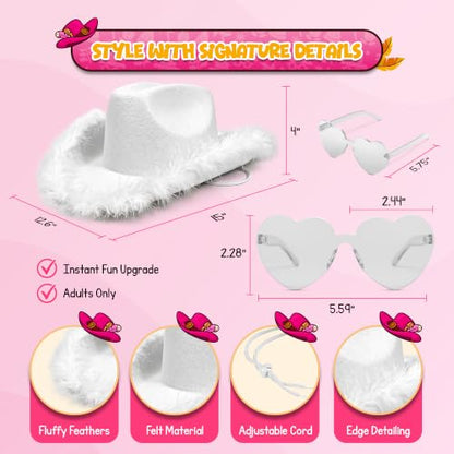 4E's Novelty Cowboy Hat with feathers With Heart Shaped Sunglasses for Women, Felt Cowgirl Hat for Party Costume Dress Up - color: White