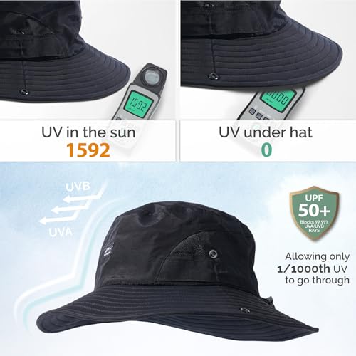 Hat Hut Hiking Hat, UPF50+ Wide Brim Sun Bucket Hats for Men Women, UV Protection, Fishing Outdoor Safari - color: Black