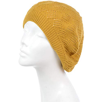 an Womens Crochet Hat Flower Beanie Beret Fashion Accessory Lightweight Knit Cap - color: 5119-mustard