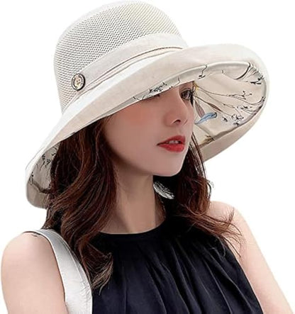 Summer Mesh Sun Hats for Women UV Protection Wide Brim Packable Bucket Hat - color: Beige