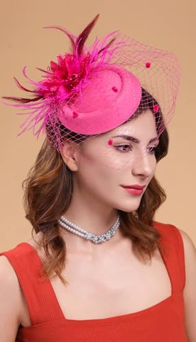 Fascinators Hats for Women Pillbox Hat 20s 30s 50s Vintage Feather Headwear Bowler Flower Veil Wedding Tea Party Hat - color: X-rose