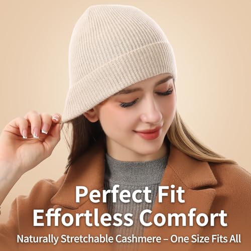 100% Cashmere Beanie for Women and Men, Soft Warm Winter Knit Hat - color: Camel