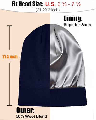 ROYBENS Satin Lined Beanie Hat for Women Men, Wool Knit Cuffed Winter Hats - color: 1pcs Navy Blue